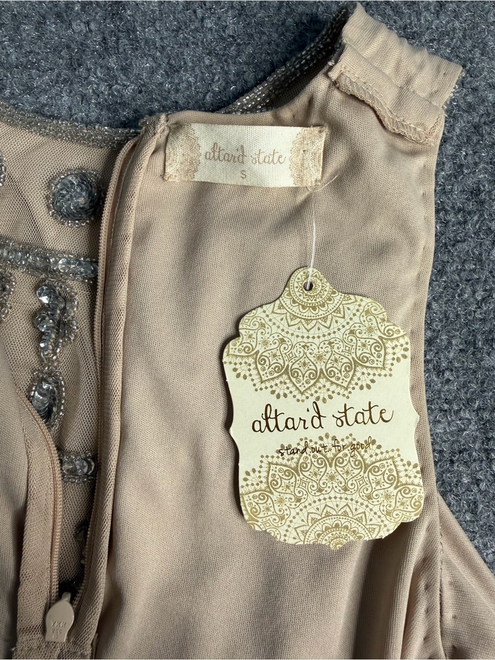 Embellished Taupe Sleeveless Shift Dress - Picture 10 of 13